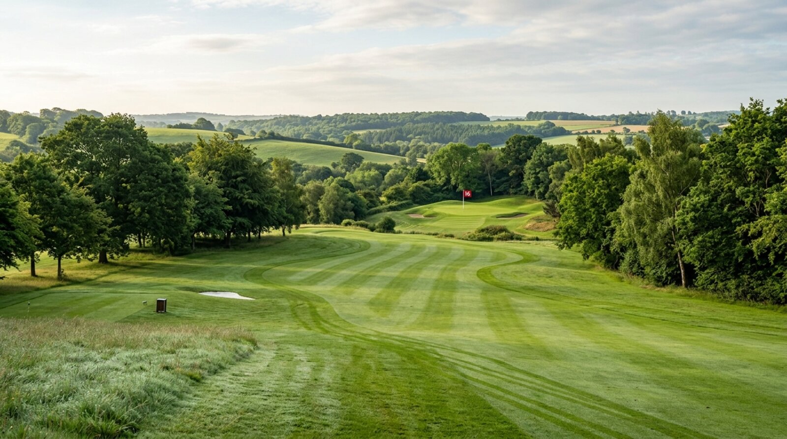 The 18-hole Championship parkland fairway at Lullingstone Park curving between mature trees toward an elevated green