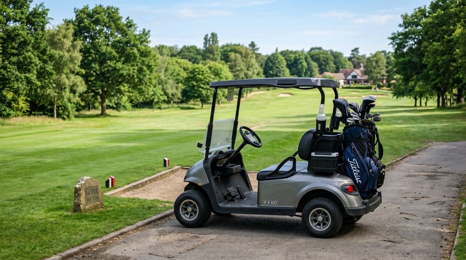 A two-seater electric golf buggy parked by the tee at a parkland course, the kind of buggy you can pre-book at Lullingstone Park