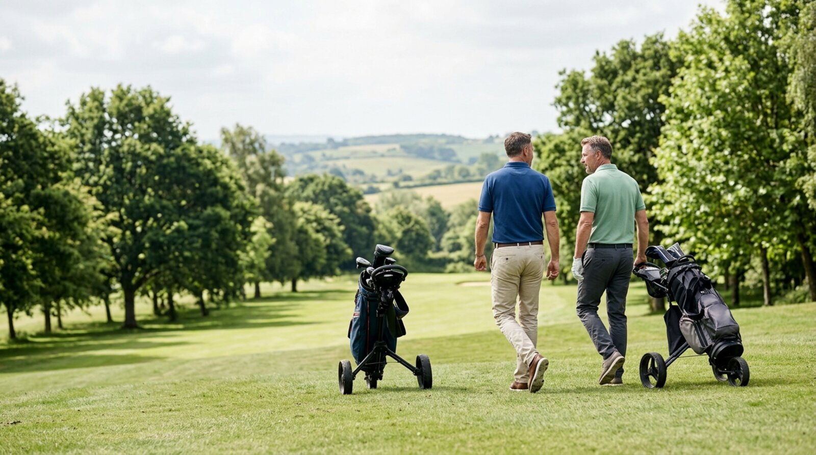 Casual golfers in collared polo shirts and tailored trousers walking a parkland fairway with pull trolleys, the smart-casual look expected at Lullingstone Park