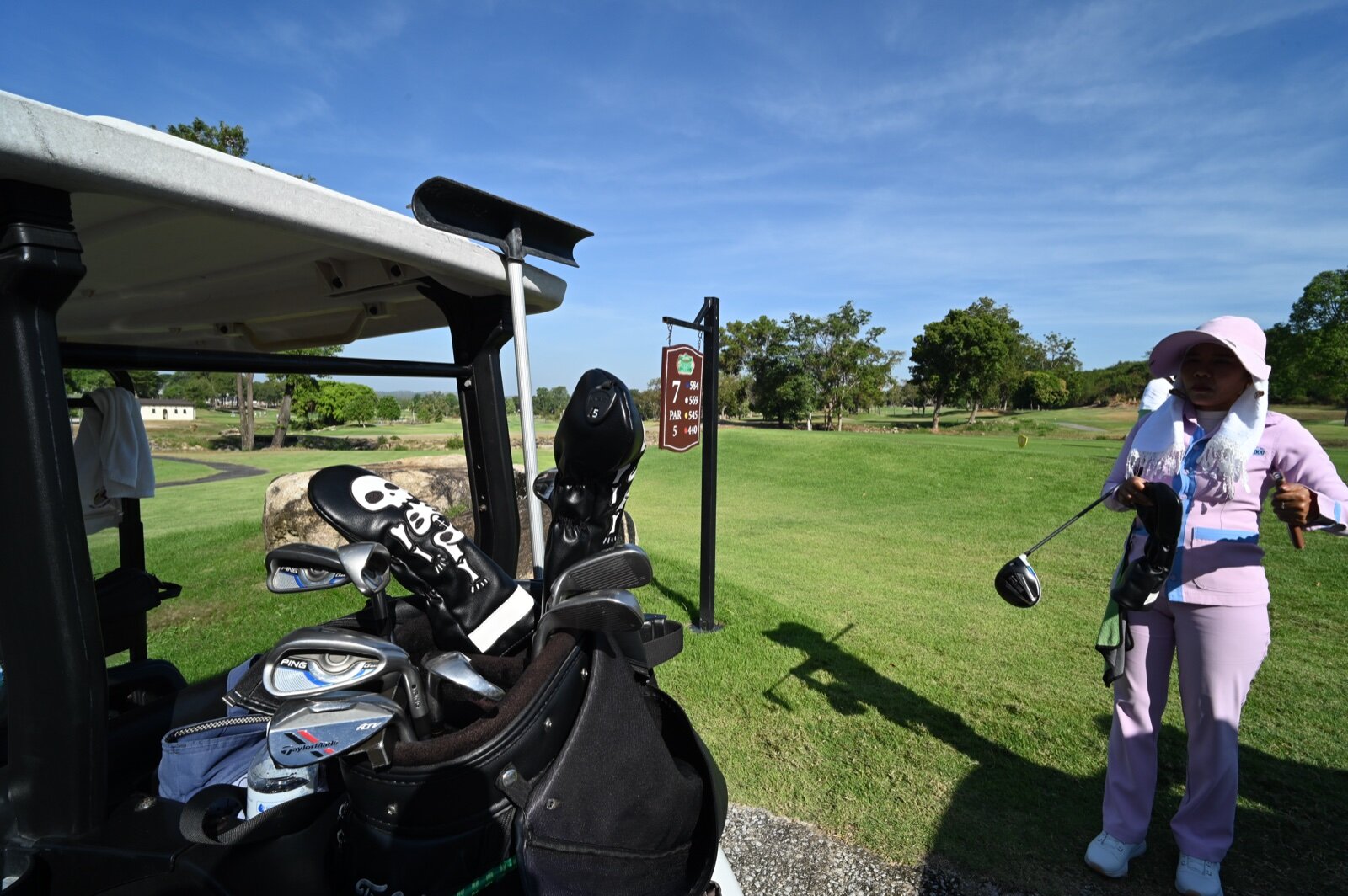 A golfer holding a driver beside a bag of clubs on a golf cart