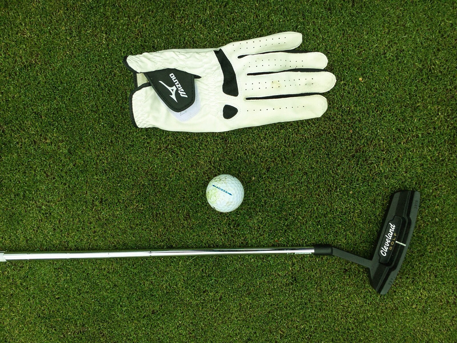 A white leather golf glove lying on a green next to a golf ball and a putter