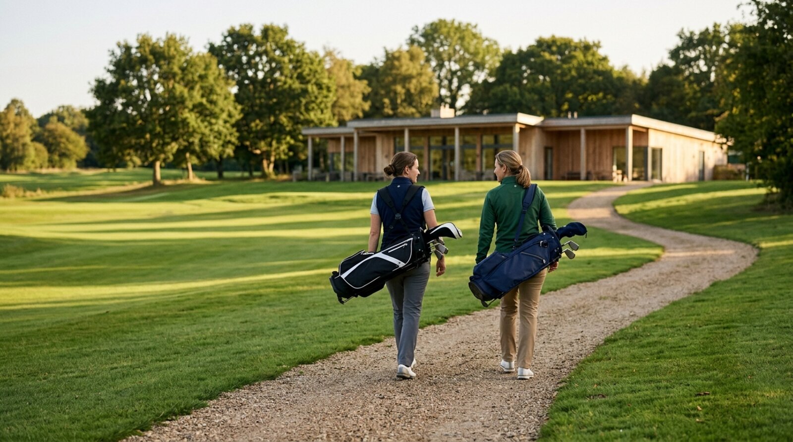 Golfers walking towards the clubhouse and pro shop at the end of a round at a Kent parkland course