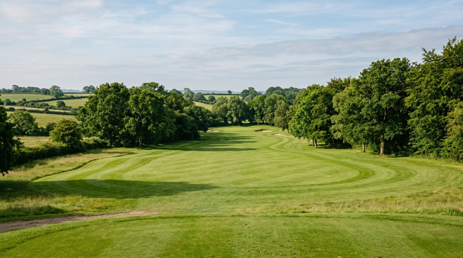 A parkland golf course fairway at Lullingstone Park in the Kent countryside with mature trees on a clear morning