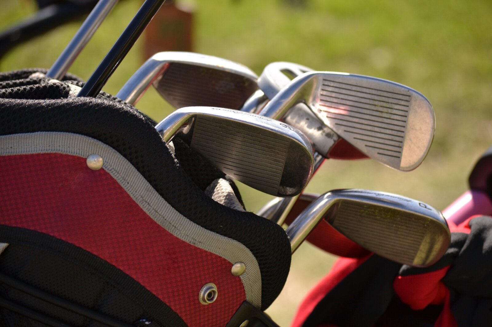 Iron heads standing in a red and black golf bag on a grass course