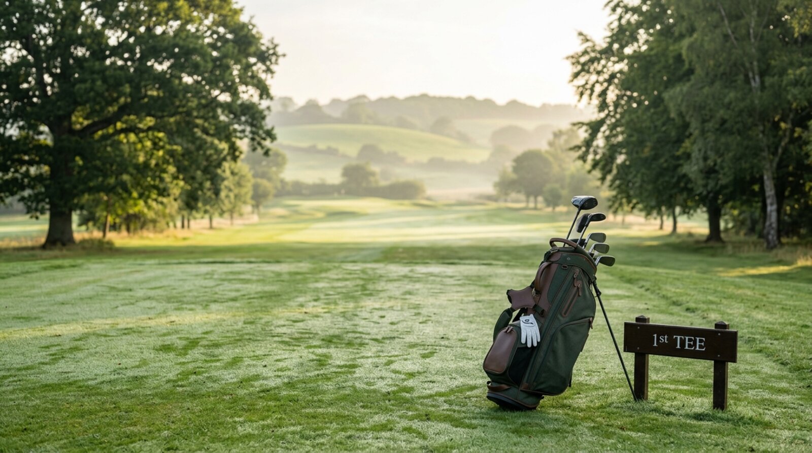 The first tee at a parkland golf course in the Kent countryside on a calm morning