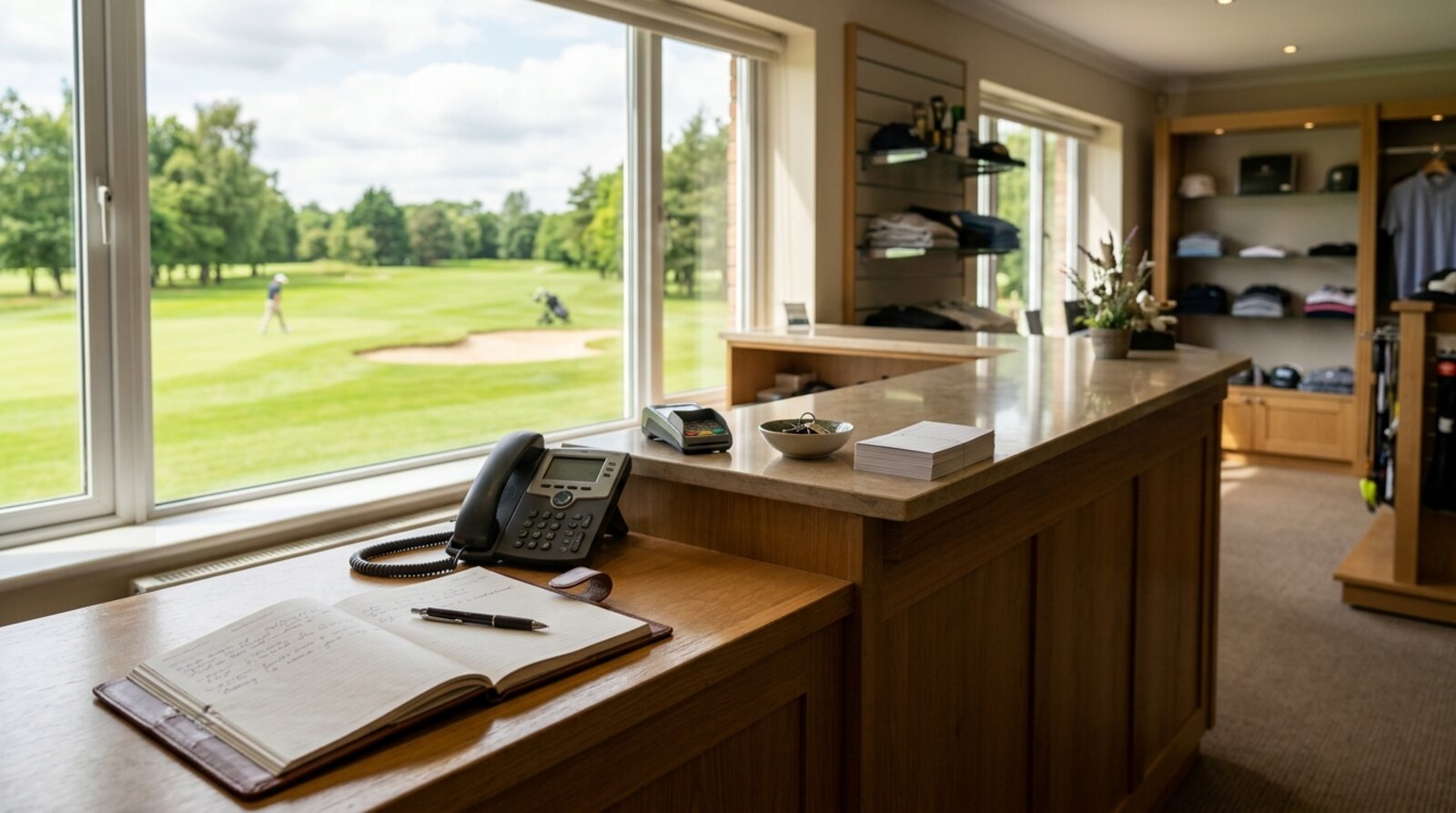 A golf course pro shop reception desk where tee times are booked by phone