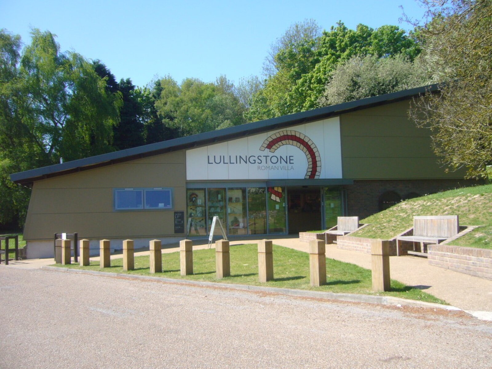 The modern cover building over Lullingstone Roman Villa near Eynsford, Kent, with the site name on the front
