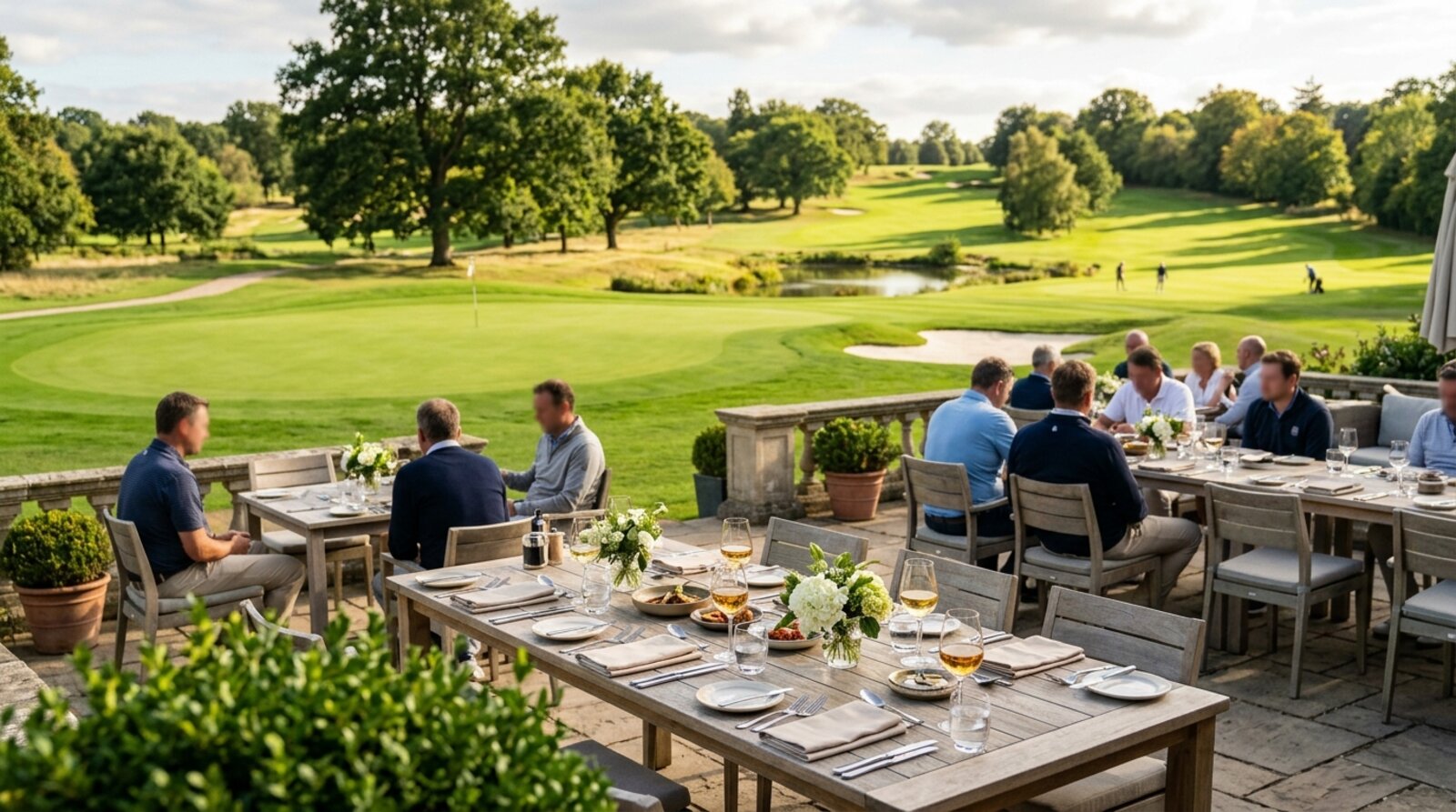 Tables set on a clubhouse terrace overlooking the green, ready for a group's post-round lunch