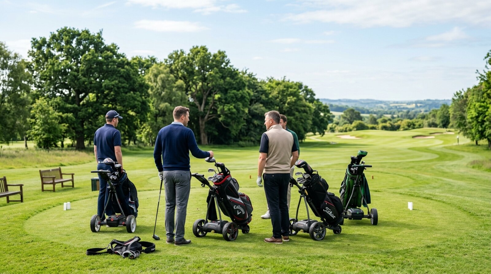 A group of golfers gathered on the first tee at a parkland course, ready for a society golf day