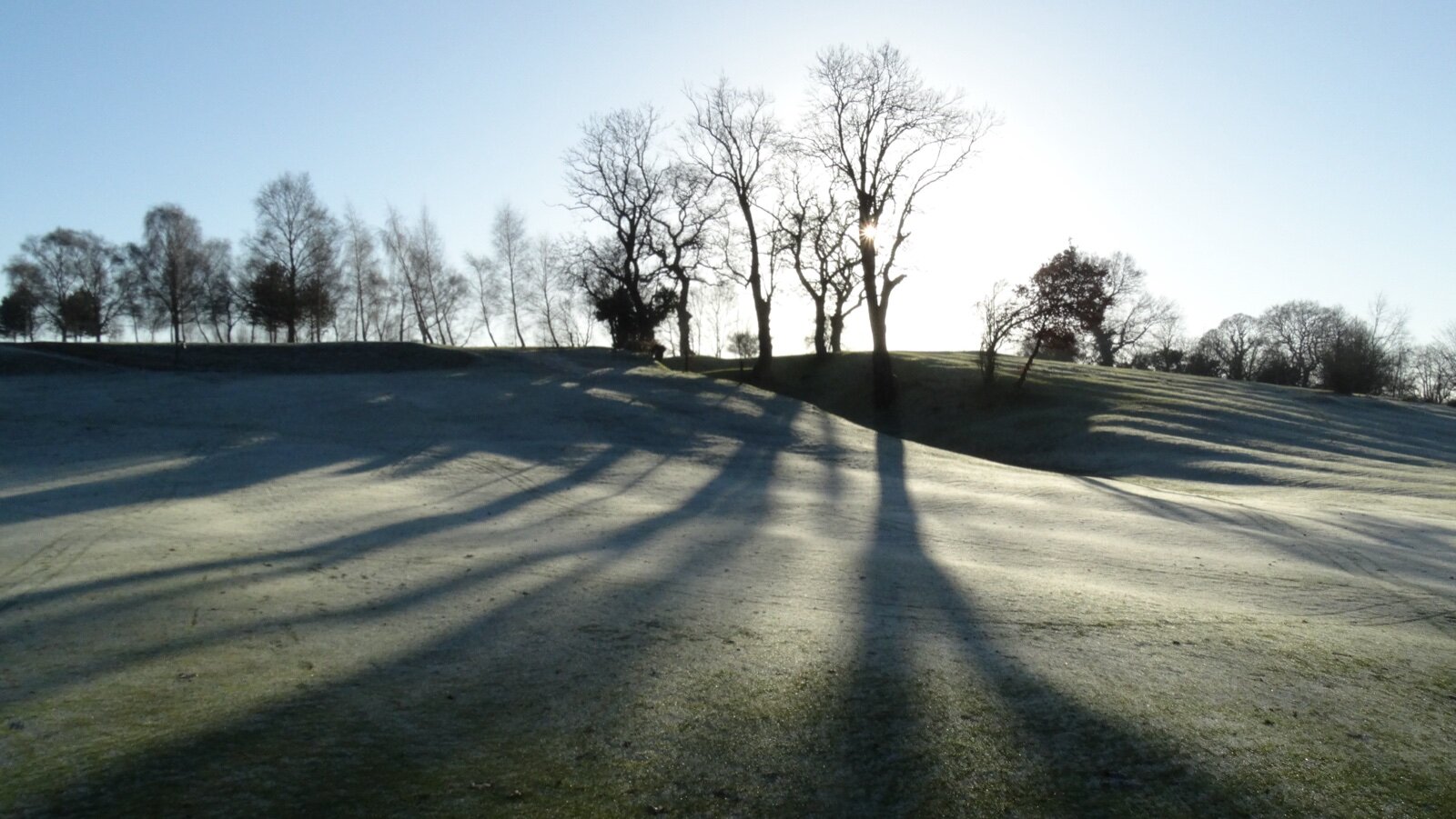 Frost covering a golf course fairway at sunrise, with long tree shadows across the white grass